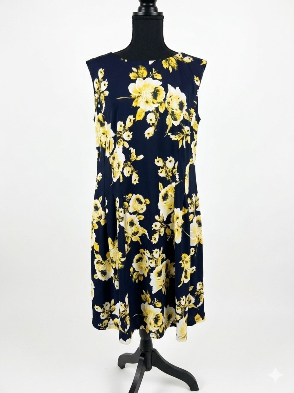 connected apparel Navy Floral Midi Dress with Yellow Blooms